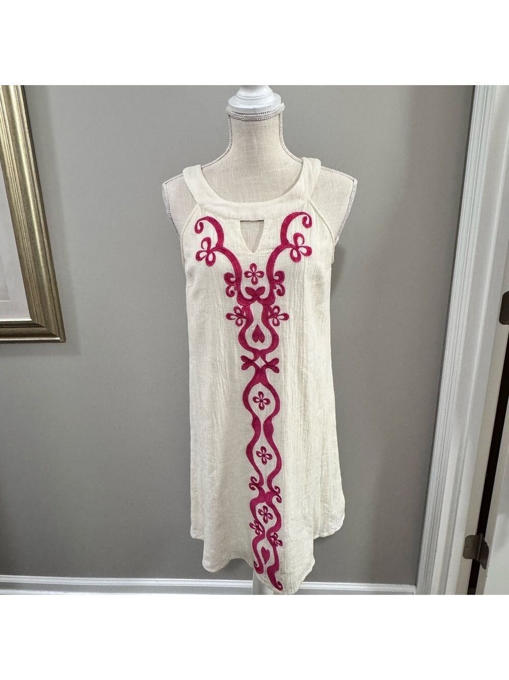 Altar'd State Cream Dress with Pink Embroidery. Size Small